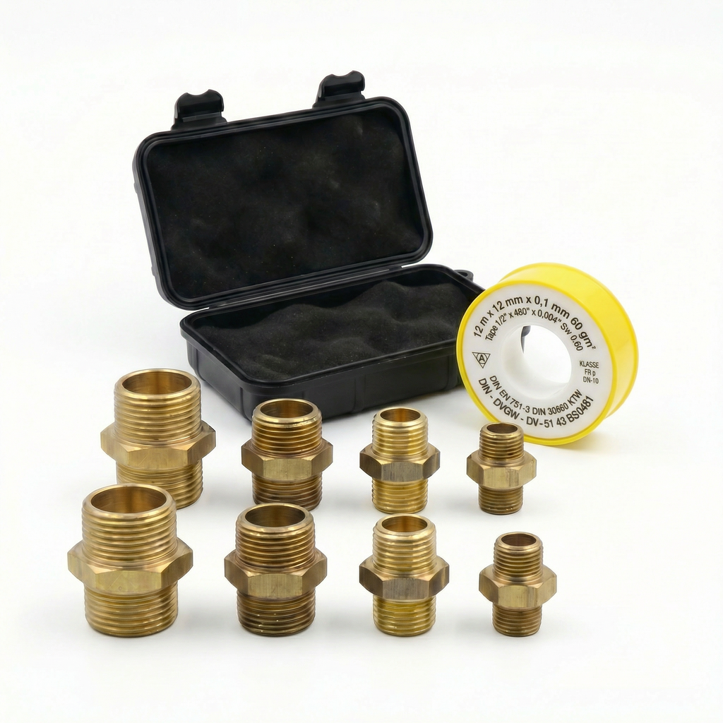 Messing Doppelnippel-Set 1/8", 1/4", 3/8", 1/2" – je 2x Doppelnippel inkl. Teflonrolle