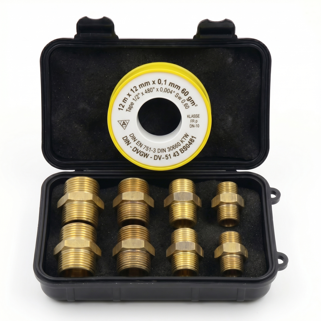 Messing Doppelnippel-Set 1/8", 1/4", 3/8", 1/2" – je 2x Doppelnippel inkl. Teflonrolle