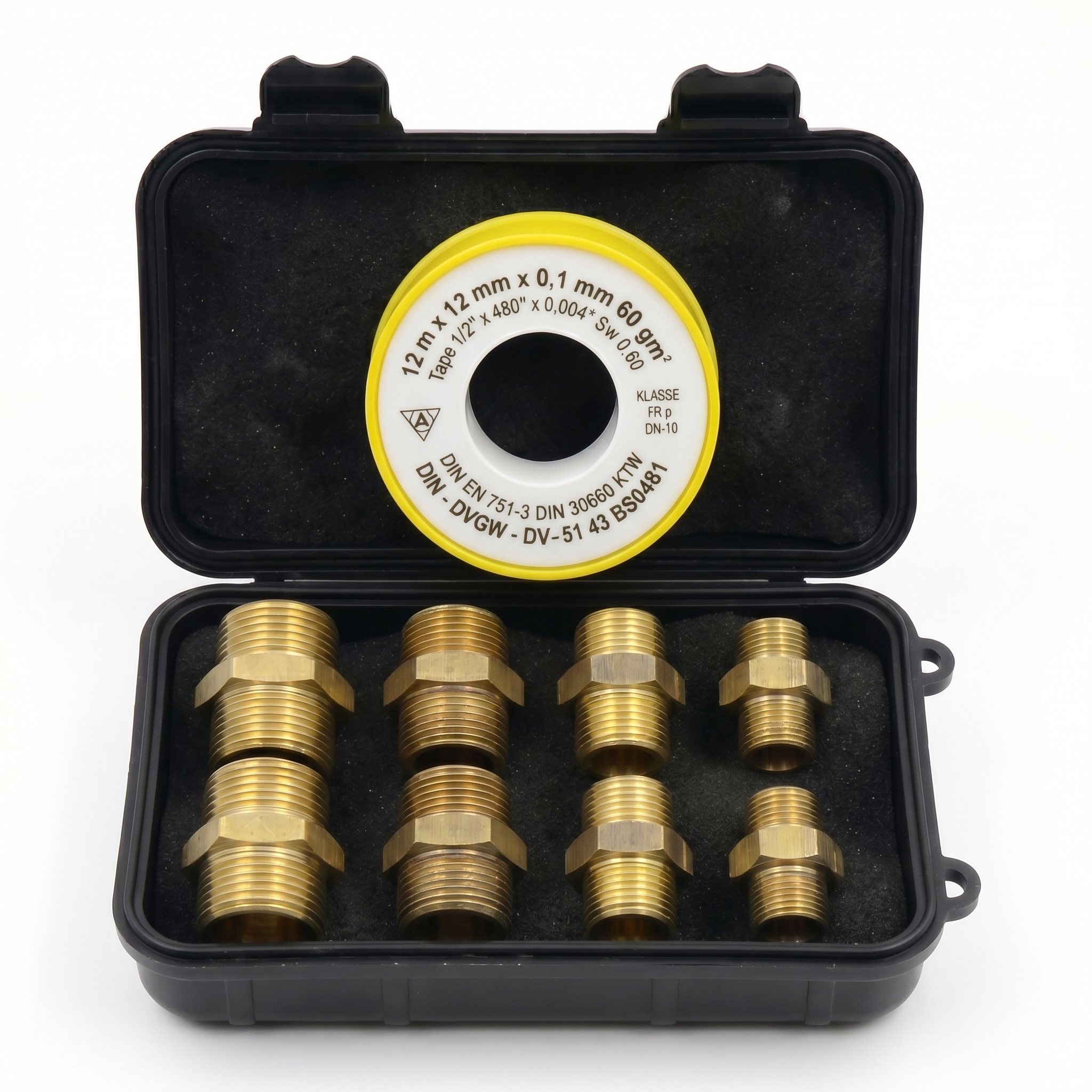 Messing Doppelnippel-Set 1/8", 1/4", 3/8", 1/2" – je 2x Doppelnippel inkl. Teflonrolle