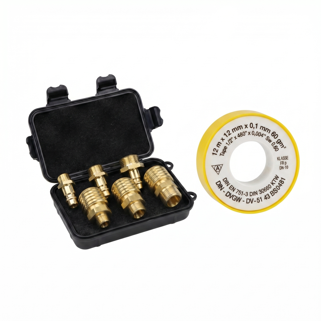 Messing Kupplungs-Set 1/4", 3/8", 1/2" – je 1x Kupplung & Stecknippel inkl. Teflonrolle
