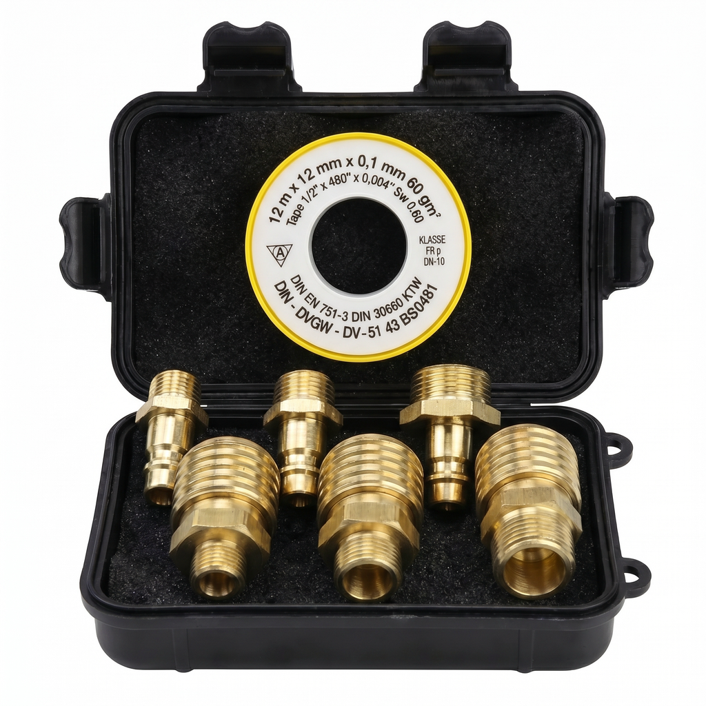 Messing Kupplungs-Set 1/4", 3/8", 1/2" – je 1x Kupplung & Stecknippel inkl. Teflonrolle