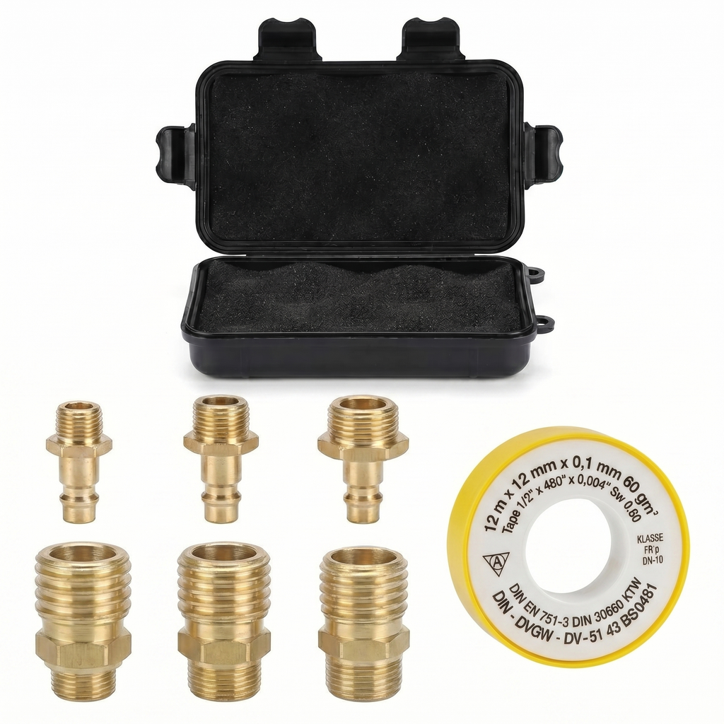 Messing Kupplungs-Set 1/4", 3/8", 1/2" – je 1x Kupplung & Stecknippel inkl. Teflonrolle