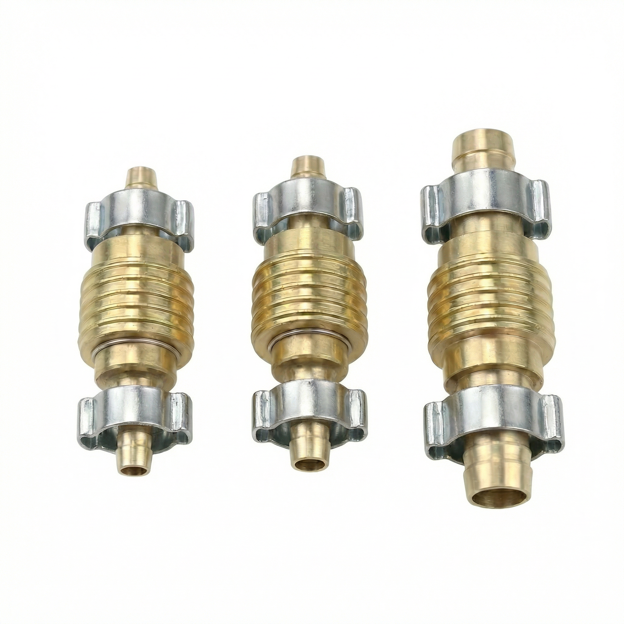 Messing Schlauchkupplungs-Set 6mm, 9mm, 13mm – je 1x Kupplung & Stecknippel inkl. 2-Ohr-Schlauchschellen