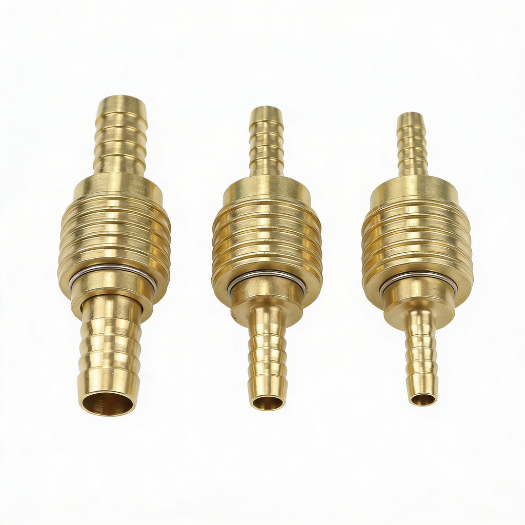 Messing Schlauchkupplungs-Set 6mm, 9mm, 13mm – je 1x Kupplung & Stecknippel inkl. 2-Ohr-Schlauchschellen
