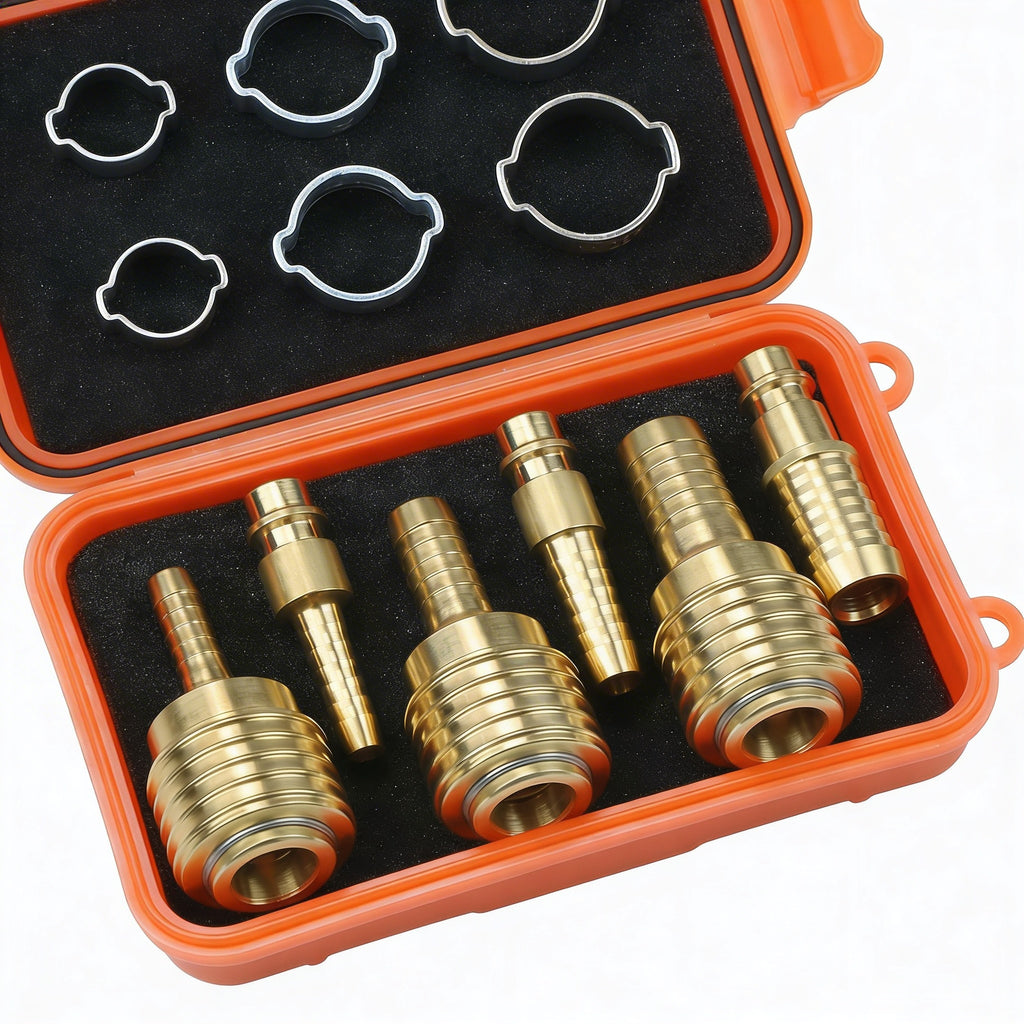 Messing Schlauchkupplungs-Set 6mm, 9mm, 13mm – je 1x Kupplung & Stecknippel inkl. 2-Ohr-Schlauchschellen