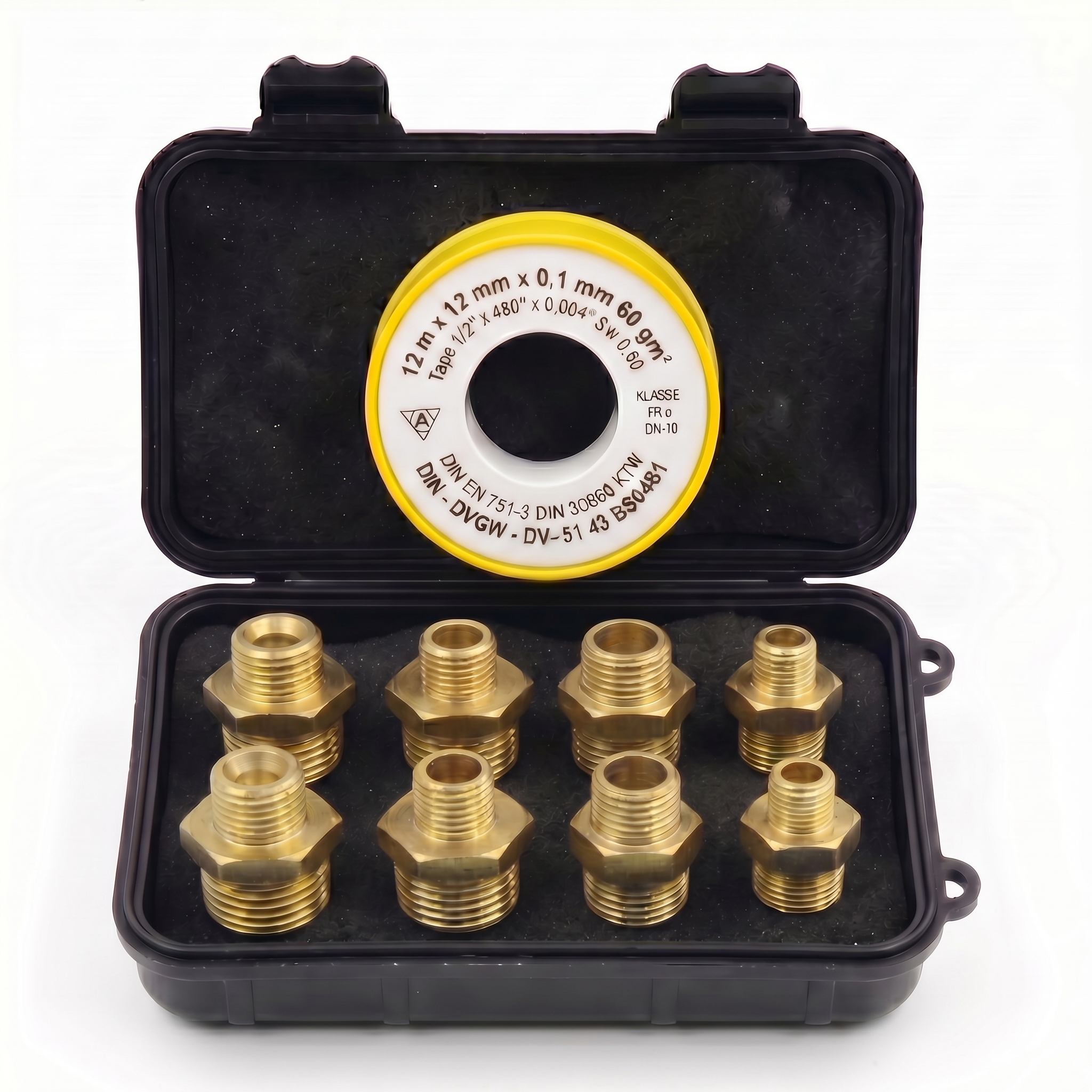 Messing Reduzier-Doppelnippel Set 1/4"-1/8", 3/8"-1/4", 1/2"-3/8", 1/4"-1/2 inkl. Teflonrolle